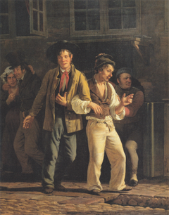 Drunkards leaving a cellar bar. by Wilhelm Marstrand