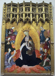 Enthroned Virgin and Child, with the Cardinal Virtues and Two Figures Holding Scrolls