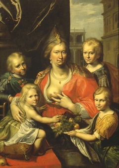 Family-portrait of Sophia Hedwig von Braunschweig-Wolfenbüttel (1592-1642) and her children Hendrik Casimir, Willem Frederik, Maurits and Elisabeth, as Caritas by Anoniem