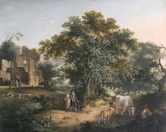 Figures, Cattle and Sheep  in Wooded Landscape