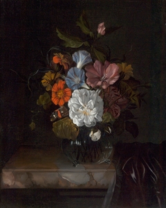 Flowers in a glass vase on a partly draped marble ledge by Anna Ruysch