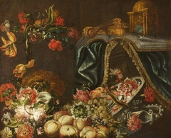 Flowers with Fruit, Book, Violin and Blue Drape by Anonymous