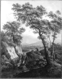 Flusslandschaft mit Wasserfall und Schafherde by Christian Georg Schütz