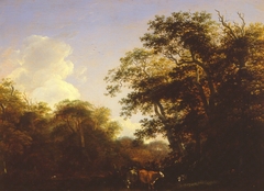 Forest view with cattle by a mud-flat by Cornelis Vroom
