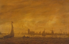 Gezicht op Dordrecht gezien vanaf de Oude Maas by Jan van Goyen