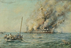 HMS Bombay on fire by George Cochrane Kerr