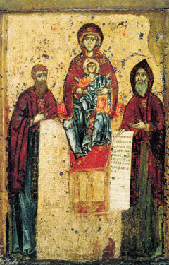 Icon of Saints Anthony and Theodosius with the Theotokos Panachranta by Alypius of the Caves