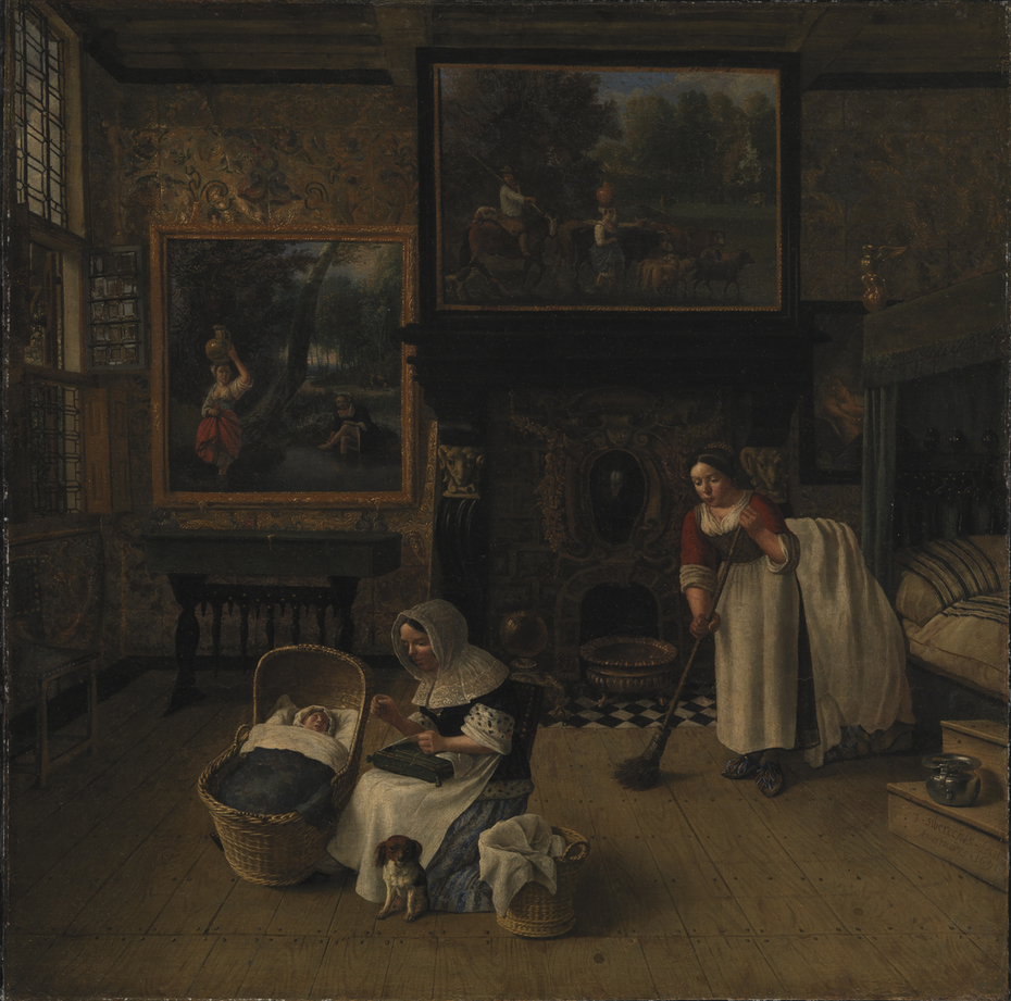 Interior with a Woman Embroidering and Rocking a Child in a Cradle