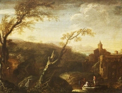 Italianate Landscape with Two Figures on a Rock before a Fortified Town by manner of Salvator Rosa