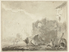 Italianiserend landschap met een ruïne, twee mensen bij een vuurtje en ezeltjes by Unknown Artist