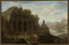 Landscape with a view of a port city by Jan Peeters I