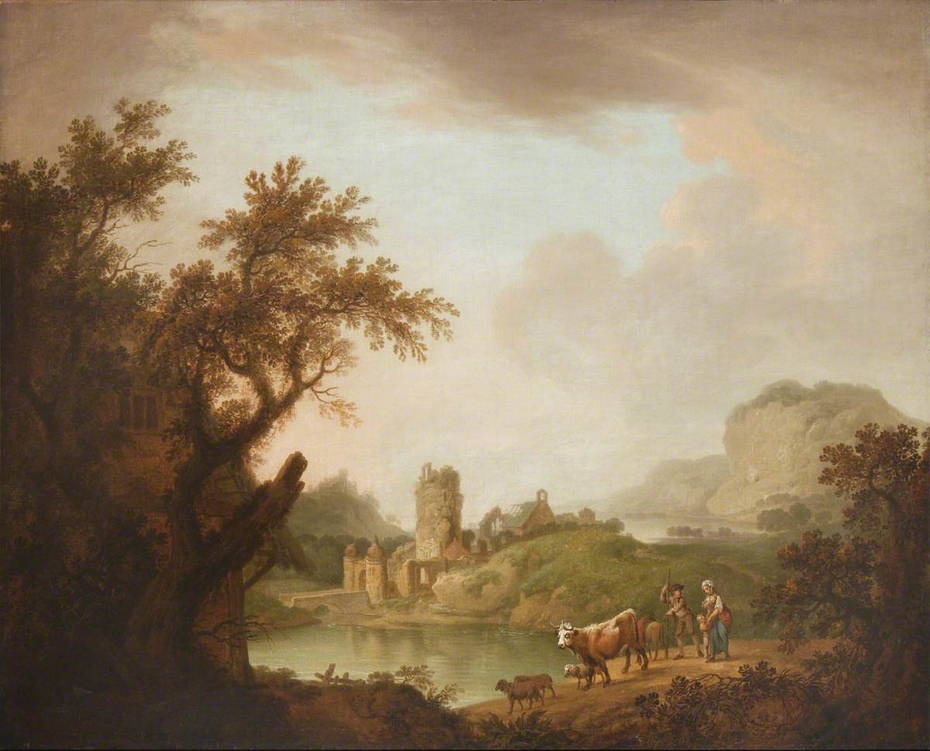Landscape with Castle on a Lake with Cattle and a Cowgirl