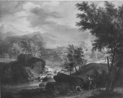 Landschaft mit Seestädtchen und Wasserfall by Franz Joachim Beich