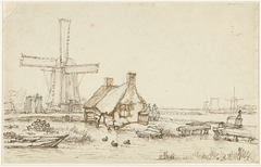 Landschap met huisjes en windmolen by Jan Hulswit