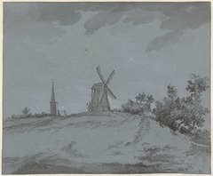Landschap met windmolen en kerk op een heuvel by Jacob Ernst Marcus