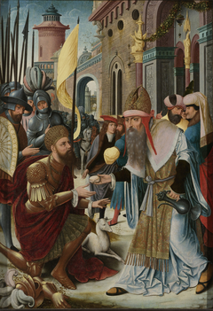 Left wing of an altarpiece with the meeting of Abraham and Melchizedek (inner wing) and Synagoga (outer wing)