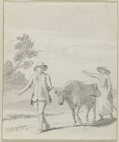 Man en vrouw met koe in landschap by Unknown Artist