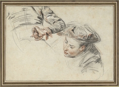 Manskop met baret en een hand aan een gevest by Antoine Watteau
