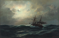 Marine with ship on rough sea at full moon