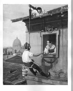 "Maurervisite", zwei Dacharbeiter mit einer Frau am Fenster im Gespräch by Theodor Hosemann