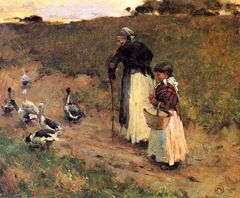 Old woman with child and goose by Willard Metcalf