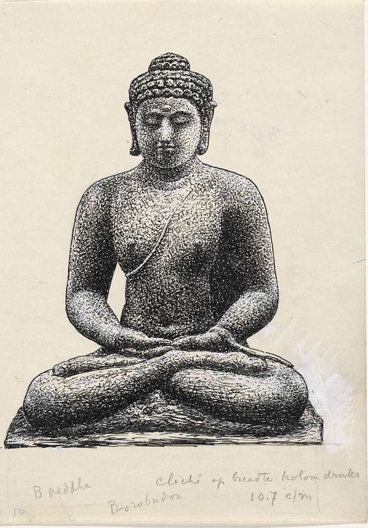 Ontwerp boekillustratie voor Alexander Cohen's Van Anarchie tot Monarchie: Buddha op de Borobúdur te Java