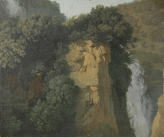 Overgrown Cliffs with a Waterfall in Italy, perhaps at Tivoli by Hendrik Voogd