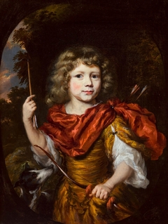 Portrait of a Boy as a Hunter, with a Bow and Arrow and a Dog by Nicolaes Maes