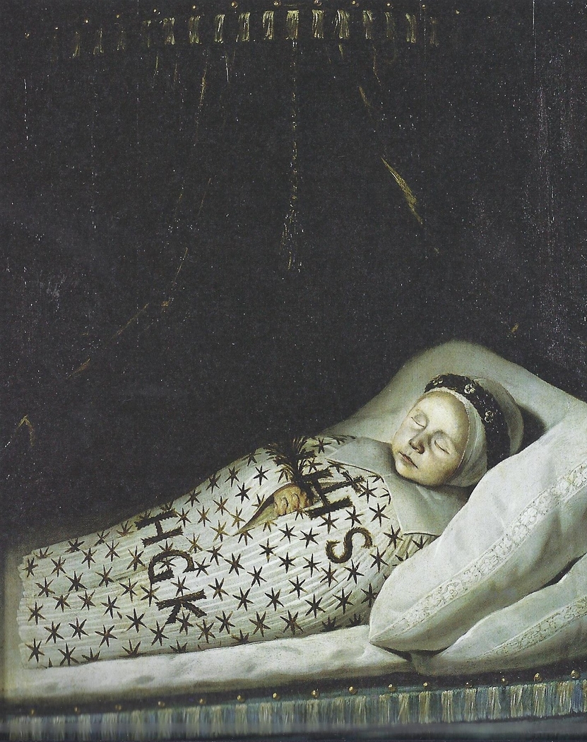 Portrait of a dead child wearing a mourning wreath around its head