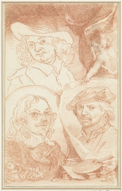 Portretten van Leonard Bramer, Jan Davidsz. de Heem en een onbekende kunstenaar by Jacob Houbraken