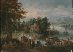 River with people and cattle by Théobald Michau