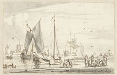 Rivieroever met enkele schepen by Abraham Storck