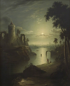 Rocky, Moonlit River Scene with a Ruined Castle and a Townscape beyond by Anonymous