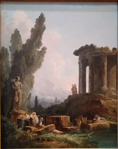 Ruines antiques, ou Jeunes filles devant une statue de l'Abondance by Hubert Robert
