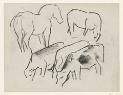 Schetsblad met koeien en paarden by Leo Gestel