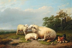 Sheep, Hen and Chicks in a Landscape by Eugène Verboeckhoven