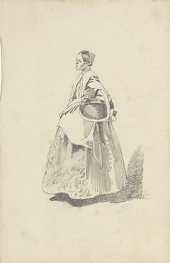 Staande vrouw met mand onder de arm, naar links by Pieter van Loon