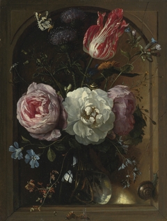 Still Life of Flowers in Glass Vase in Stone Niche