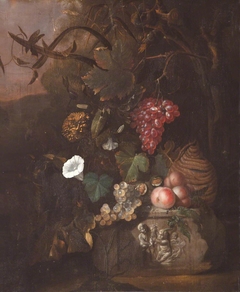 Still Life of Fruit and Flowers in a Landscape with a Carafe on a Stone Plinth