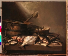 Still life with barrel fishnet and fish by Pieter Claesz