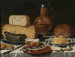 Still life with cheese, herring, bread and wine