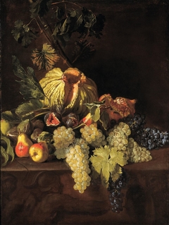 Still life with pumpkin, pears and pomegranate by Michelangelo Cerquozzi