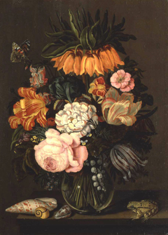 Stilleven met bloemen, schelpen en een kikker by Bartholomeus Assteyn