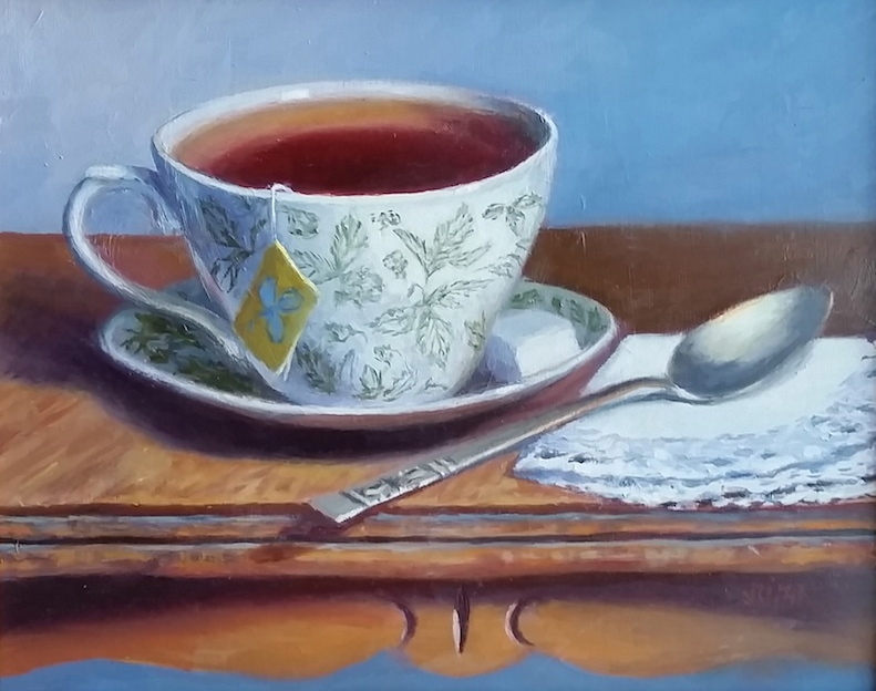 "Tea Time" by Lydia Martin© (9"x12") oil on Birch wood panel