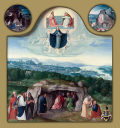 The Assumption of the Virgin, with the Nativity, the Resurrection, the Adoration of the Magi, the Ascension of Christ, Saint Mark and an Angel, and Saint Luke and an Ox by Joachim Patinir