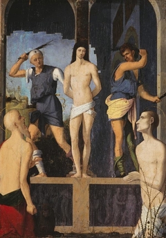 The Scourging of Christ with Saints Jerome and Benedict by Francesco Marmitta