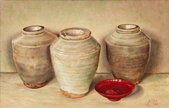 Three Green Vases and a Red Plate by Anton Willem den Beer Poortugael