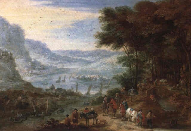 Travellers resting by a stream