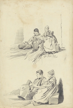 Twee studies van een jongen en meisje met kruik by Pieter van Loon