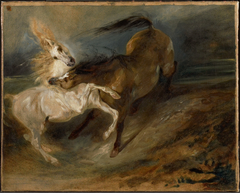Two Horses Fighting in a Stormy Landscape